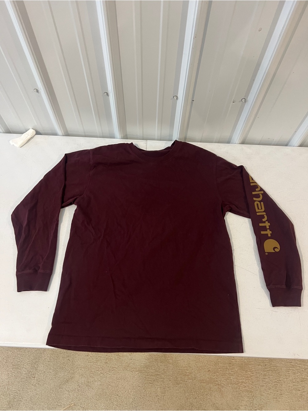 Carhartt Men's Long-Sleeve Crewneck Shirt in Maroon with Gold Sleeve Logo